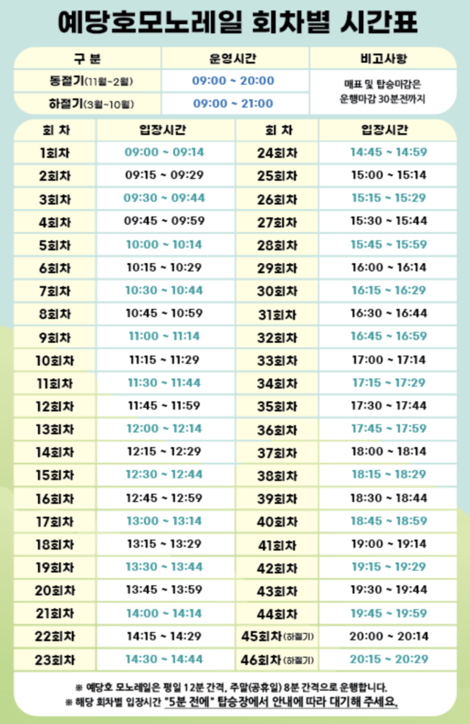 예당호 모노레일 회차별 시간표