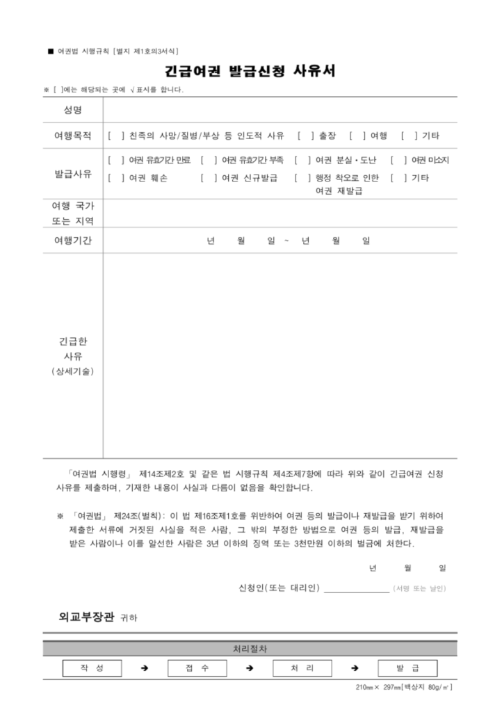 긴급여권 발급신청 사유서