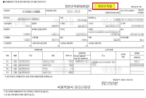 위반건축물 건축물대장(예시)