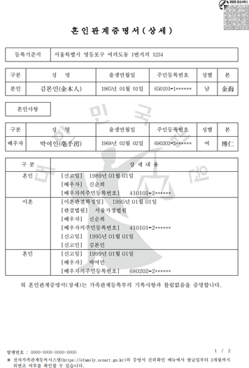 혼인관계증명서(상세) 예시